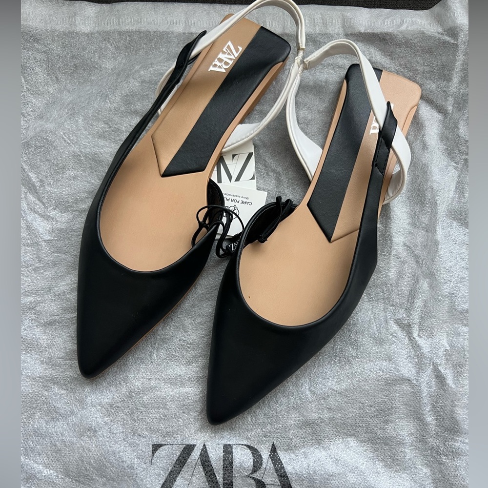 Zara Pointed Slingback White And Black Flat Shoes